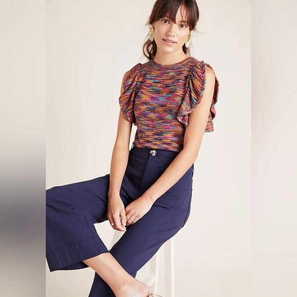 Anthropologie Ruby Flutter-Sleeved Top in Novelty Rainbow Color Way M - Picture 1 of 9